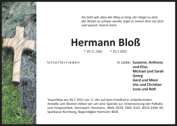 Traueranzeige von Hermann Bloß von Der Bote