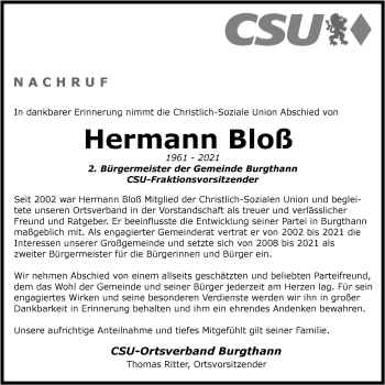 Traueranzeige von Hermann Bloß von Der Bote