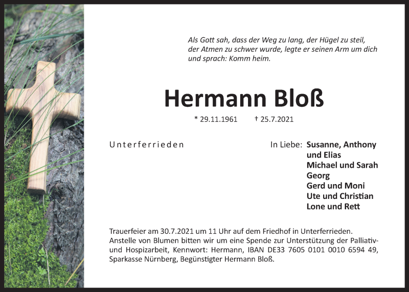  Traueranzeige für Hermann Bloß vom 28.07.2021 aus Der Bote