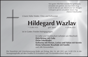 Traueranzeige von Hildegard Wazlav von Pegnitz-Zeitung
