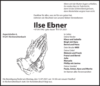 Traueranzeige von Ilse Ebner von Hersbrucker Zeitung