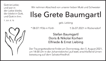 Traueranzeige von Ilse Grete Baumgartl von Pegnitz-Zeitung