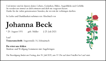 Traueranzeige von Johanna Beck von Pegnitz-Zeitung