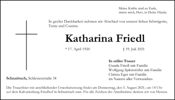 Traueranzeige von Katharina Friedl von Pegnitz-Zeitung