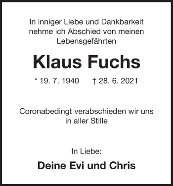 Traueranzeige von Klaus Fuchs von Der Bote