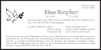 Traueranzeige von Klaus Hoepfner von Der Bote