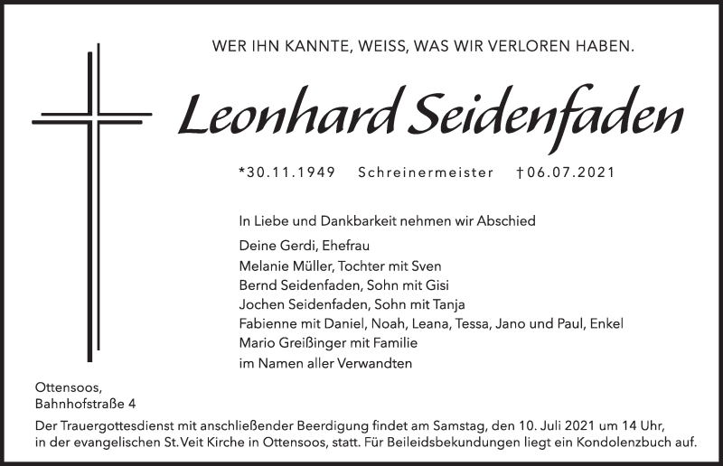  Traueranzeige für Leonhard Seidenfaden vom 09.07.2021 aus Pegnitz-Zeitung