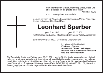 Traueranzeige von Leonhard Sperber von Der Bote