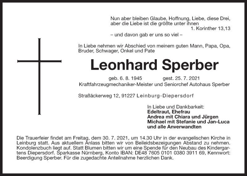  Traueranzeige für Leonhard Sperber vom 28.07.2021 aus Der Bote