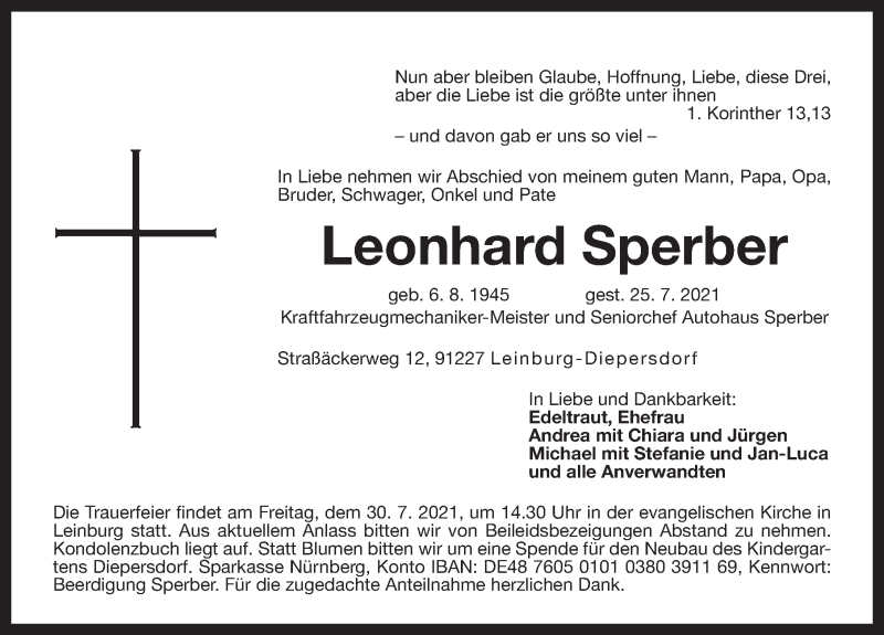  Traueranzeige für Leonhard Sperber vom 28.07.2021 aus Pegnitz-Zeitung