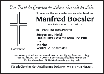 Traueranzeige von Manfred Boesler von Hersbrucker Zeitung