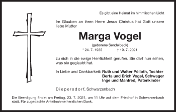 Traueranzeige von Marga Vogel von Der Bote
