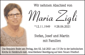 Traueranzeige von Maria Zigli von Hersbrucker Zeitung