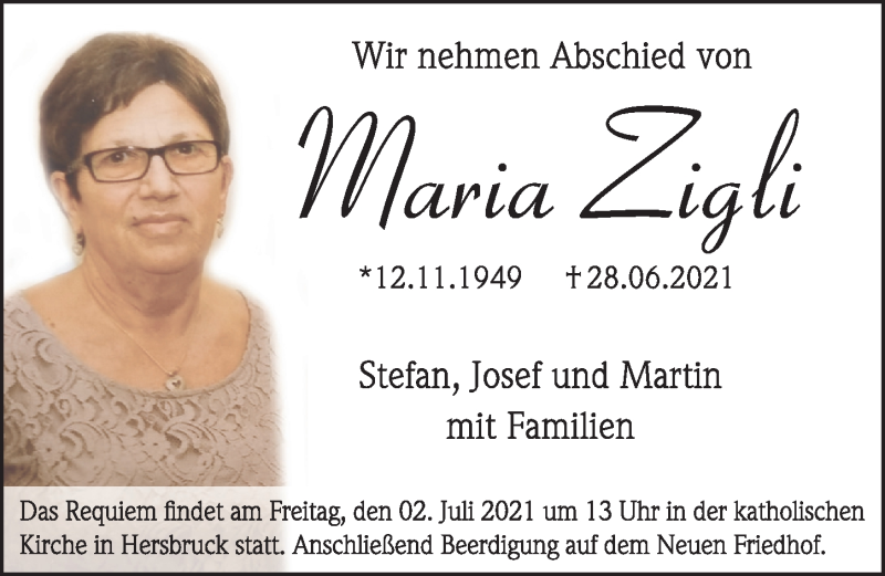  Traueranzeige für Maria Zigli vom 01.07.2021 aus Hersbrucker Zeitung