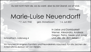 Traueranzeige von Marie-Luise Neuendorff von Pegnitz-Zeitung
