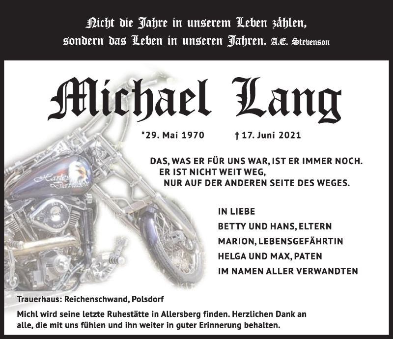  Traueranzeige für Michael Lang vom 03.07.2021 aus Pegnitz-Zeitung