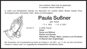 Traueranzeige von Paula Sußner von Der Bote
