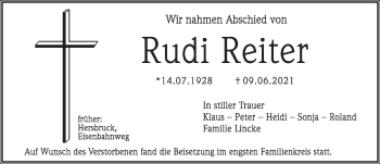 Traueranzeige von Rudi Reiter von Hersbrucker Zeitung