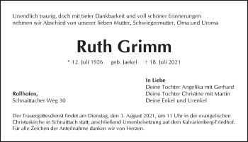 Traueranzeige von Ruth Grimm von Pegnitz-Zeitung