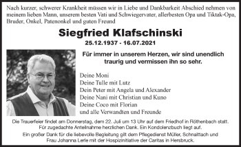 Traueranzeige von Siegfried Klafschinski von Pegnitz-Zeitung