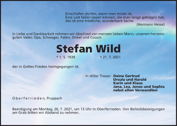 Traueranzeige von Stefan Wild von Der Bote