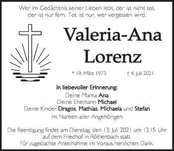 Traueranzeige von Valeria-Ana Lorenz von Pegnitz-Zeitung