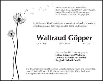 Traueranzeige von Waltraud Göpper von Pegnitz-Zeitung