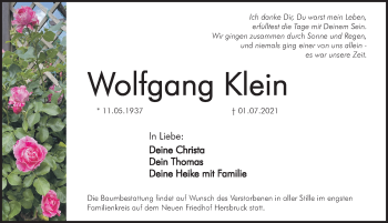 Traueranzeige von Wolfgang Klein von Hersbrucker Zeitung