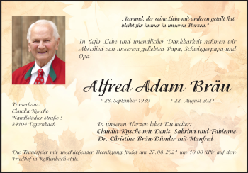 Traueranzeige von Alfred Adam Bräu von Pegnitz-Zeitung