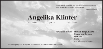 Traueranzeige von Angelika Klinter von Pegnitz-Zeitung