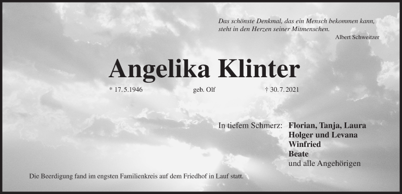  Traueranzeige für Angelika Klinter vom 07.08.2021 aus Pegnitz-Zeitung