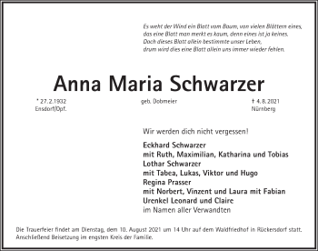 Traueranzeige von Anna Maria Schwarzer von Pegnitz-Zeitung