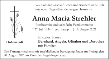 Traueranzeige von Anna Maria Strehler von Hersbrucker Zeitung
