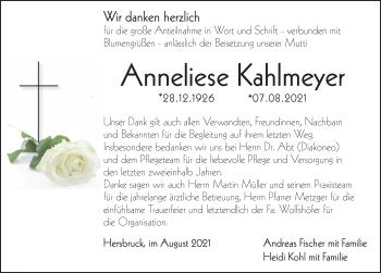 Traueranzeige von Anneliese Kahlmeyer von Hersbrucker Zeitung