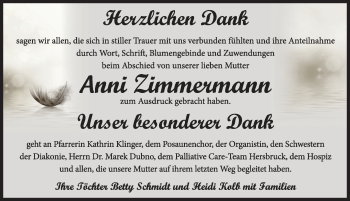 Traueranzeige von Anni Zimmermann von Hersbrucker Zeitung