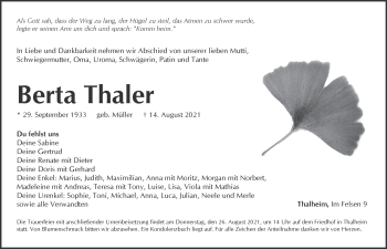 Traueranzeige von Berta Thaler von Hersbrucker Zeitung