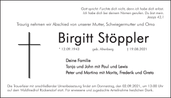 Traueranzeige von Birgitt Stöppler von Pegnitz-Zeitung