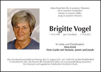 Traueranzeige von Brigitte Vogel von Pegnitz-Zeitung