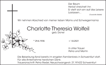 Traueranzeige von Charlotte Theresia Wolfeil von Hersbrucker Zeitung