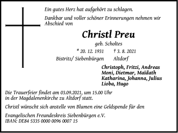 Traueranzeige von Christl Preu von Der Bote