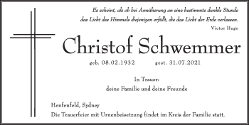 Traueranzeige von Christof Schwemmer von Pegnitz-Zeitung