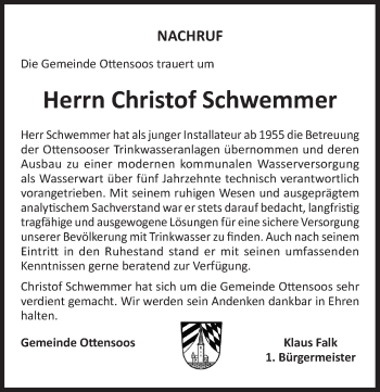 Traueranzeige von Christof Schwemmer von Pegnitz-Zeitung