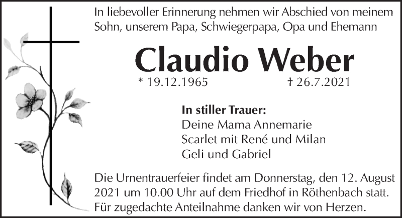  Traueranzeige für Claudio Weber vom 07.08.2021 aus Pegnitz-Zeitung