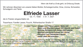 Traueranzeige von Elfriede Lasser von Der Bote