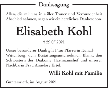 Traueranzeige von Elisabeth Kohl von Hersbrucker Zeitung