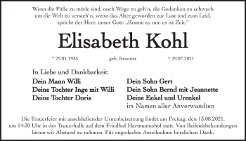 Traueranzeige von Elisabeth Kohl von Hersbrucker Zeitung