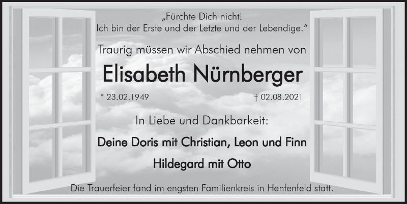  Traueranzeige für Elisabeth Nürnberger vom 28.08.2021 aus Hersbrucker Zeitung