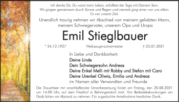 Traueranzeige von Emil Stieglbauer von Pegnitz-Zeitung