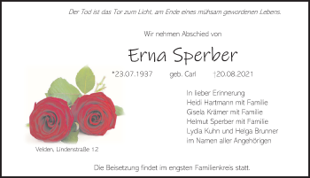 Traueranzeige von Erna Sperber von Hersbrucker Zeitung