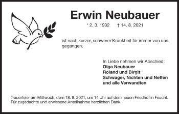 Traueranzeige von Erwin Neubauer von Der Bote